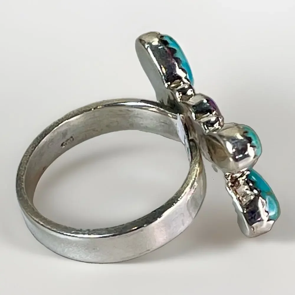 Southwest Sterling Silver Kingman Turquoise Pink Opal Butterfly Cluster Ring